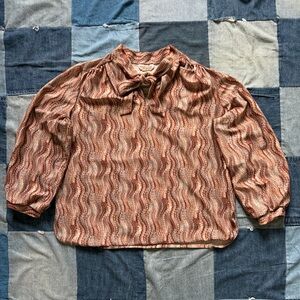 70s psychedelic peggy lou california groovy tie neck tan blue shirt size XL